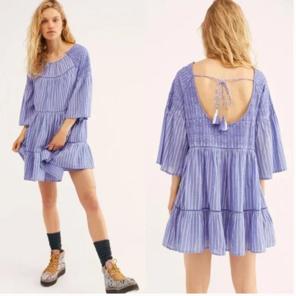Free People Lavender Stripe Tiered Smocked Back Mini Dress Wirn Twice